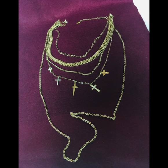 Express gold-tone necklace multi layered with bling crosses - Picture 4 of 9
